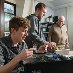 A group of people working on the parts of a computer.